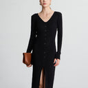 Chic Women’s Long-Sleeve Maxi Dress with Ribbed Design and Button Accent