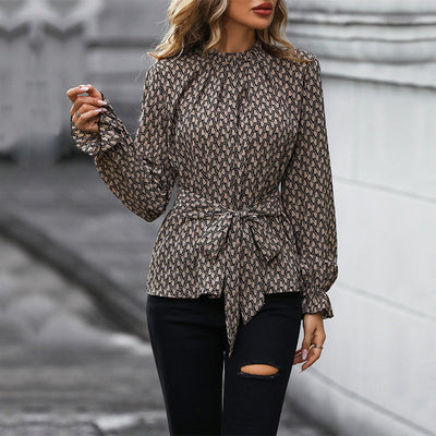 Chic Women's Blouse with Tie Belt and Long Sleeves