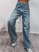 Stylish Denim Pants with Rhinestone Accents