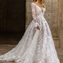 Floral Lace Appliqué Wedding Dress with Deep V-Neck