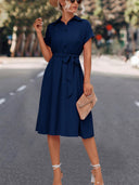 Chic Knee-Length Shirt Dress with Waist Belt and V-Neck Design