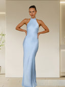 Chic Satin Maxi Dress with High Neck Design