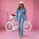Chic Denim Blouse with Ruffled Accents and Knotted Neckline