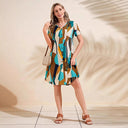Geometric Pattern Women's Short Sleeve Dress with Button Placket