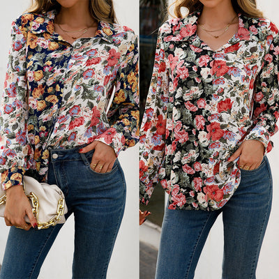 Floral Print Women's Blouse with Button Accents