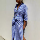 Striped Long Sleeve Shirt Dress with Belt