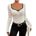 Stylish Women's V-Neck Long Sleeve Bodysuit with Textured Detail