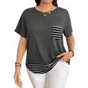 Striped Hem Women's T-Shirt with Chest Pocket