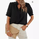 Ruffled Sleeve Short Sleeve Blouse with Stand-Up Collar