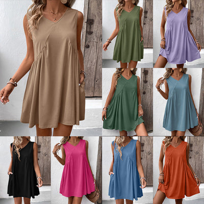 Women's V-Neck Dress with Pockets - Effortless Style
