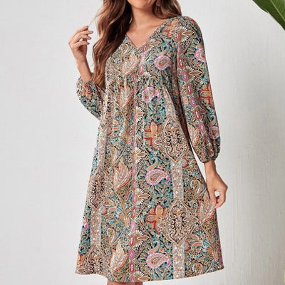 Chic Women's Deep V-Neck Dress with Long Sleeves