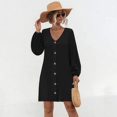 Chic Women's V-Neck Dress with Button Accents