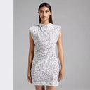 Sequin Mini Dress with Stand Collar and Shoulder Pads