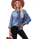 Chic Denim Blouse with Fringe Detail and Patch Pockets