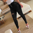 High-Waisted Ripped Skinny Jeans with Button Accent for Women