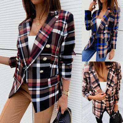 Stylish Women's Checkered Blazer - Chic Double-Breasted Design