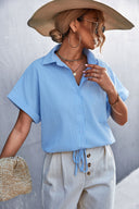 Chic Women's Short Sleeve Blouse with Stylish Waistband