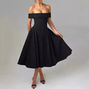 Off-Shoulder Midi Dress with Flared Pleats and Pockets