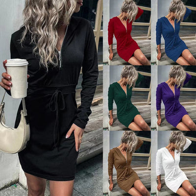 Women's Stylish Hooded Dress with Zipper and Adjustable Waist