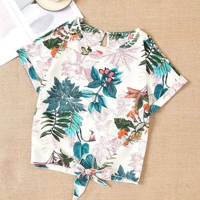 Floral Print Short Sleeve Blouse with Adjustable Hem