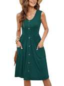 Chic Knee-Length Summer Dress with Button Accents and Handy Pockets