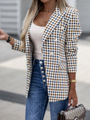 Chic Checked Blazer Jacket with Double Buttons