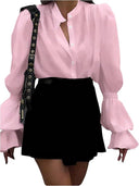 Women's Puff Sleeve Blouse with Classic Stand-Up Collar