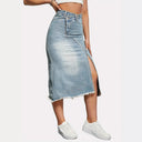 Chic Asymmetrical Denim Midi Skirt with Fringed Hem