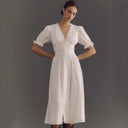Stylish Midi Dress with Puff Sleeves and Button Placket