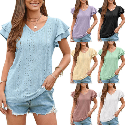 Women's V-Neck T-Shirt with Ruffle Accents and Eyelet Design