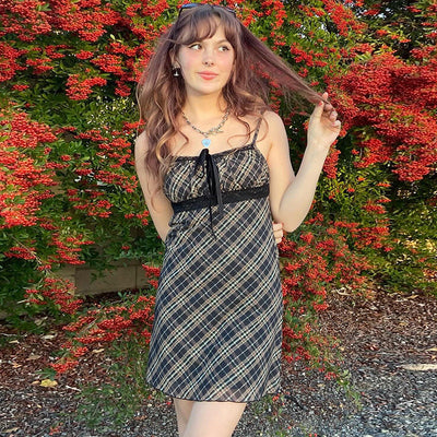 Chic Checkered Dress with Adjustable Straps and Bow Detail