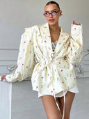 Floral Design Blazer Jacket with Waist Belt for Women