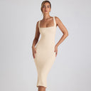 Chic Midi Dress with Square Neckline and Lace Details