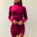Chic Velvet Mini Dress with High Collar and Stylish Gathered Design