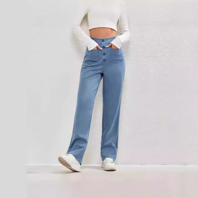Women's High-Waisted Chino Trousers with Chic Button Placket