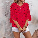 Chic Heart Pattern Blouse with Ruffle Accents