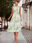 Women's Midi Dress with Modern Wave Pattern and Stand-Up Collar