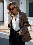 Chic Crocodile-Textured Women's Faux Leather Blazer