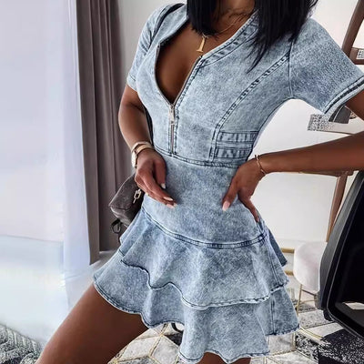 Ruffled Denim Dress with Zipper Closure