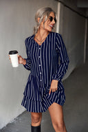 Chic Women's Striped Shirt Dress with Flared Skirt and Button Accents