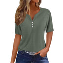 Women's Short Sleeve Blouse with Lace Details and Button Accents