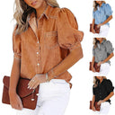 Women's Denim Blouse with Balloon Sleeves & Chest Pocket