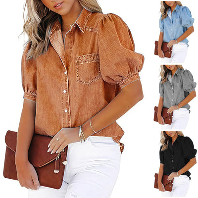 Women's Denim Blouse with Balloon Sleeves & Chest Pocket