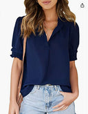 Ruffled Sleeve Short Sleeve Blouse with Stand-Up Collar
