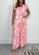 Graphic Pattern Maxi Dress with Ruffles