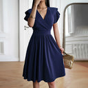 V-Neck Short Sleeve Solid Dress for Women