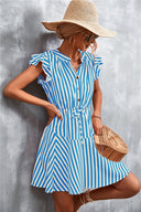 Chic Women's Striped Short Sleeve Dress with Ruffle and Drawstring Detail