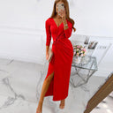 Chic Women's Wrap Dress with V-Neck and High Slit