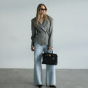 Chic Women's Blazer with Asymmetrical Bow and Deep Neckline