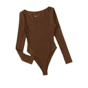 Women's Ribbed Long Sleeve Bodysuit with Deep U-Neck Design